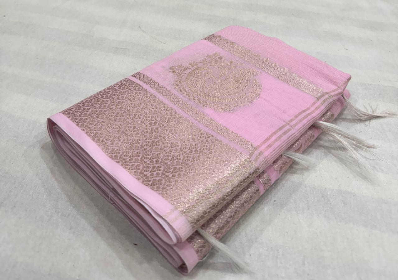 Pure Banarasi Linen Cotton Silk Saree with Copper Zari Border